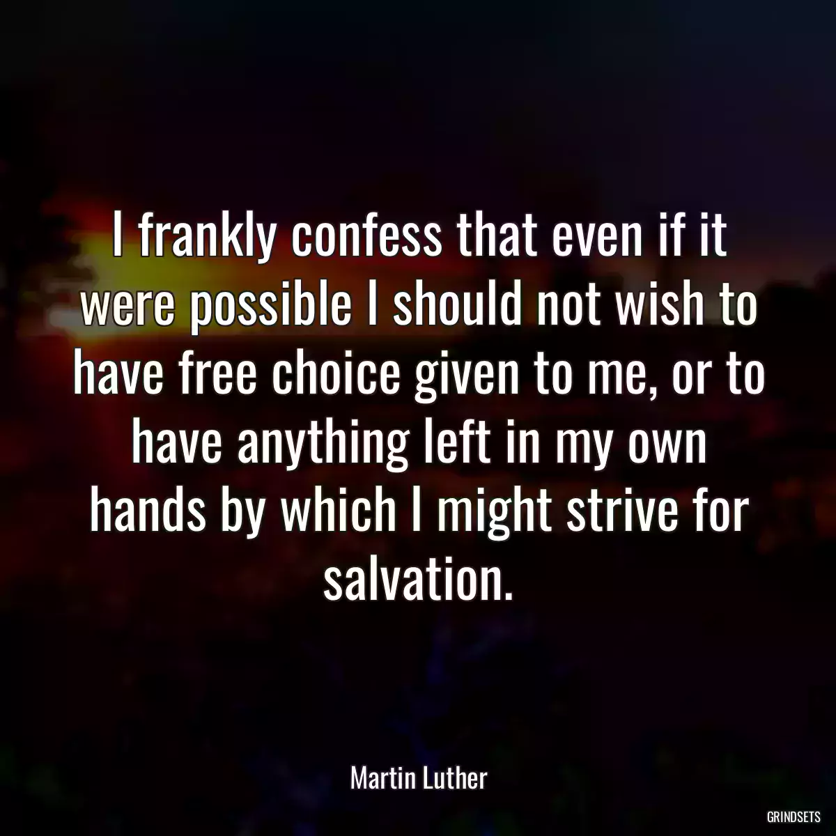 I frankly confess that even if it were possible I should not wish to have free choice given to me, or to have anything left in my own hands by which I might strive for salvation.