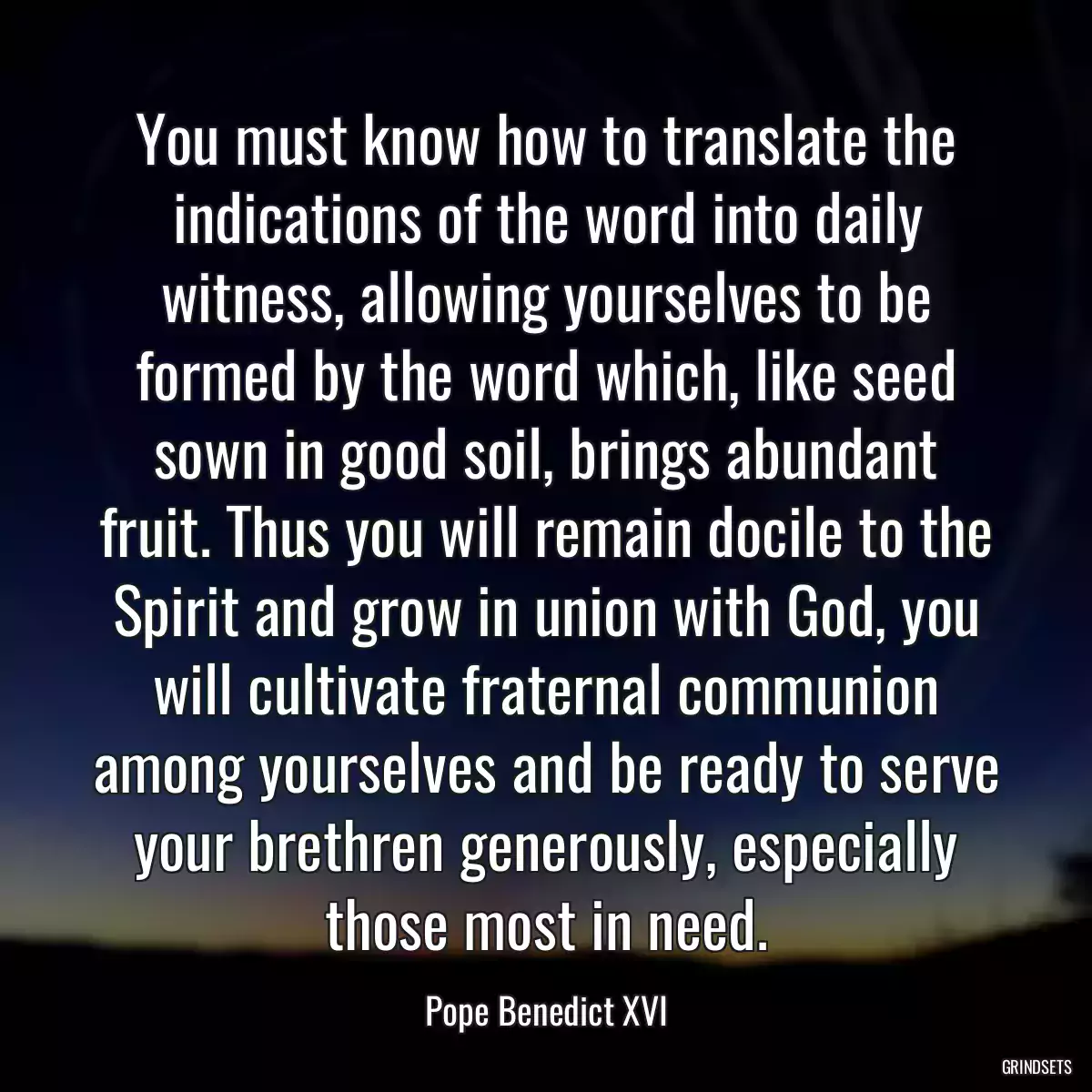 You must know how to translate the indications of the word into daily witness, allowing yourselves to be formed by the word which, like seed sown in good soil, brings abundant fruit. Thus you will remain docile to the Spirit and grow in union with God, you will cultivate fraternal communion among yourselves and be ready to serve your brethren generously, especially those most in need.