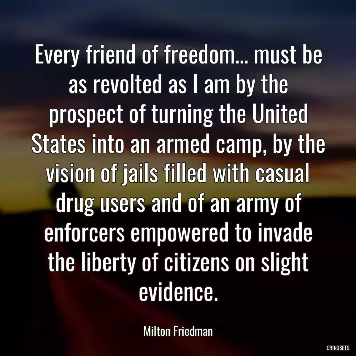 Every friend of freedom... must be as revolted as I am by the prospect of turning the United States into an armed camp, by the vision of jails filled with casual drug users and of an army of enforcers empowered to invade the liberty of citizens on slight evidence.