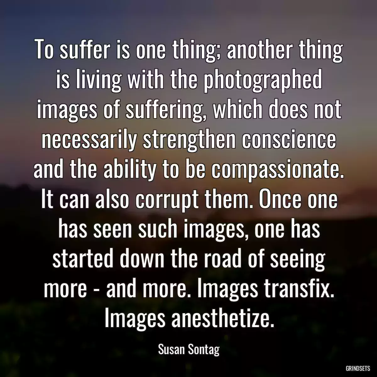 To suffer is one thing; another thing is living with the photographed images of suffering, which does not necessarily strengthen conscience and the ability to be compassionate. It can also corrupt them. Once one has seen such images, one has started down the road of seeing more - and more. Images transfix. Images anesthetize.