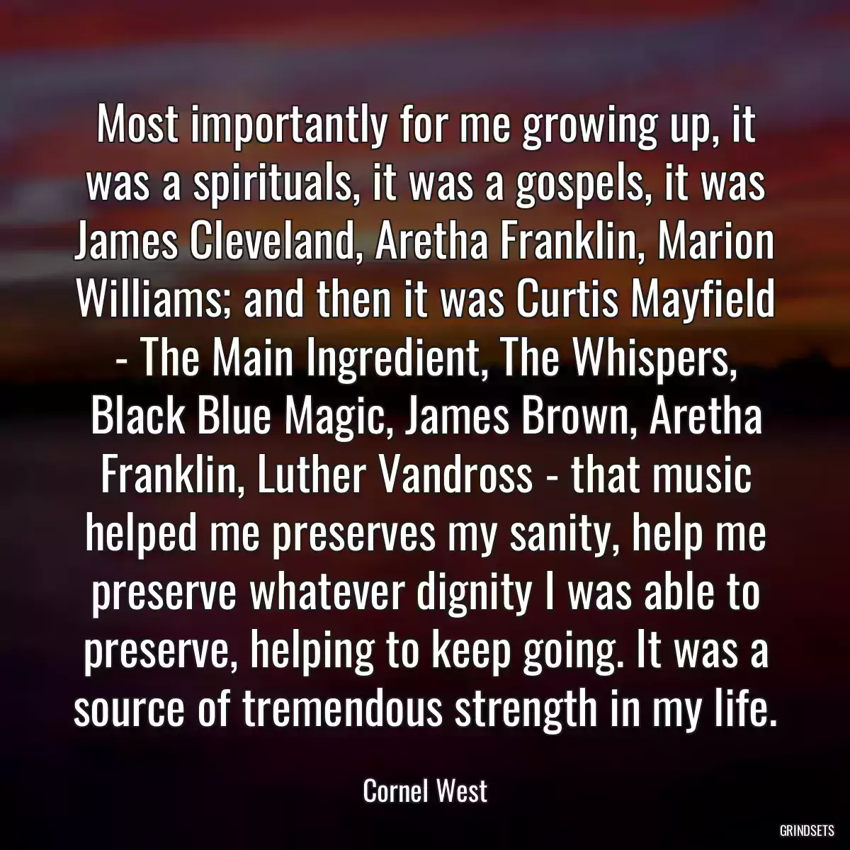 Most importantly for me growing up, it was a spirituals, it was a gospels, it was James Cleveland, Aretha Franklin, Marion Williams; and then it was Curtis Mayfield - The Main Ingredient, The Whispers, Black Blue Magic, James Brown, Aretha Franklin, Luther Vandross - that music helped me preserves my sanity, help me preserve whatever dignity I was able to preserve, helping to keep going. It was a source of tremendous strength in my life.