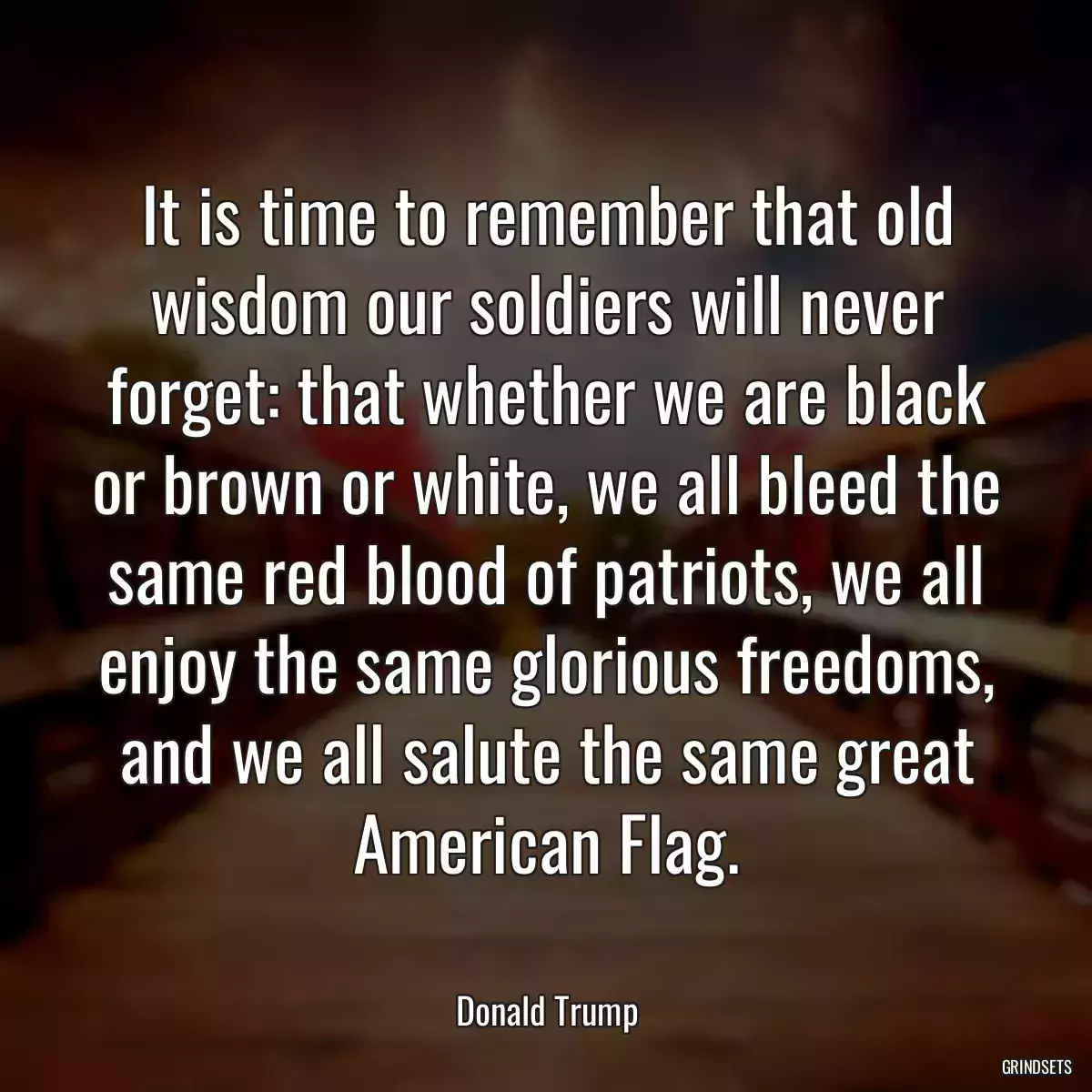 It is time to remember that old wisdom our soldiers will never forget: that whether we are black or brown or white, we all bleed the same red blood of patriots, we all enjoy the same glorious freedoms, and we all salute the same great American Flag.