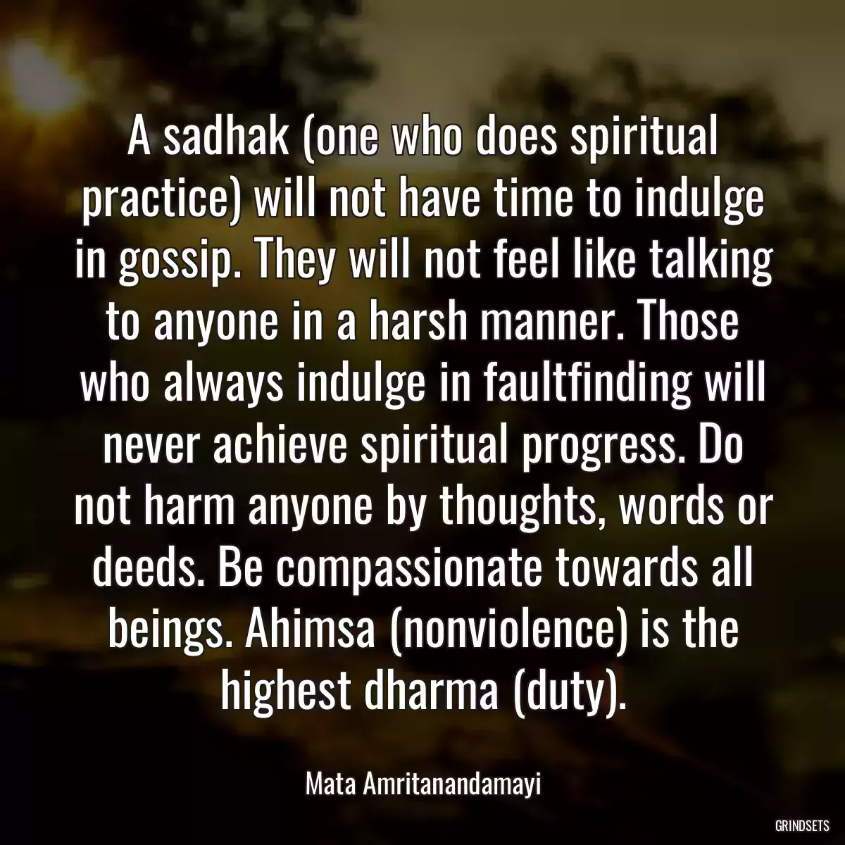 A sadhak (one who does spiritual practice) will not have time to indulge in gossip. They will not feel like talking to anyone in a harsh manner. Those who always indulge in faultfinding will never achieve spiritual progress. Do not harm anyone by thoughts, words or deeds. Be compassionate towards all beings. Ahimsa (nonviolence) is the highest dharma (duty).