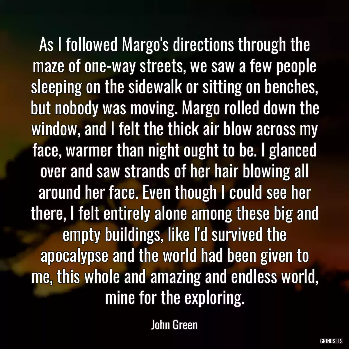 As I followed Margo\'s directions through the maze of one-way streets, we saw a few people sleeping on the sidewalk or sitting on benches, but nobody was moving. Margo rolled down the window, and I felt the thick air blow across my face, warmer than night ought to be. I glanced over and saw strands of her hair blowing all around her face. Even though I could see her there, I felt entirely alone among these big and empty buildings, like I\'d survived the apocalypse and the world had been given to me, this whole and amazing and endless world, mine for the exploring.