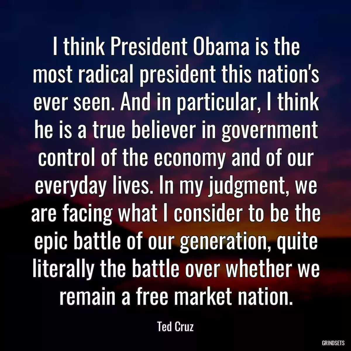 I think President Obama is the most radical president this nation\'s ever seen. And in particular, I think he is a true believer in government control of the economy and of our everyday lives. In my judgment, we are facing what I consider to be the epic battle of our generation, quite literally the battle over whether we remain a free market nation.