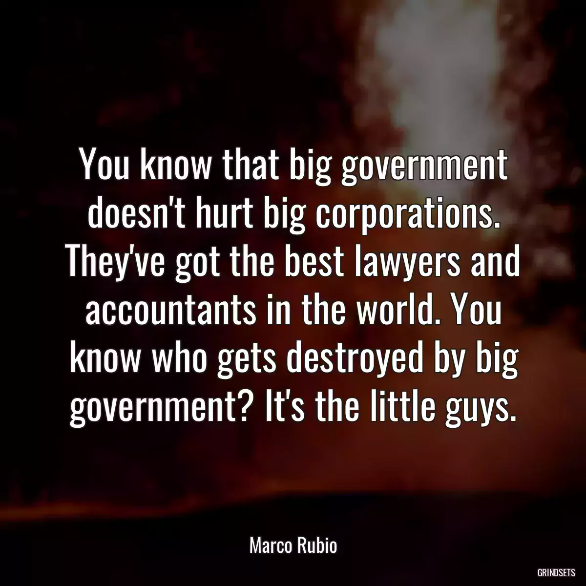 You know that big government doesn\'t hurt big corporations. They\'ve got the best lawyers and accountants in the world. You know who gets destroyed by big government? It\'s the little guys.