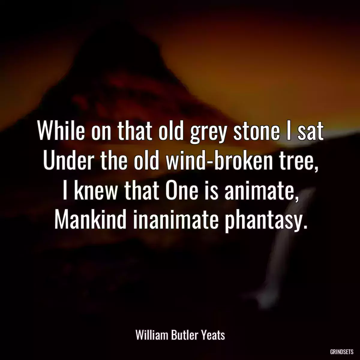 While on that old grey stone I sat
Under the old wind-broken tree,
I knew that One is animate,
Mankind inanimate phantasy.