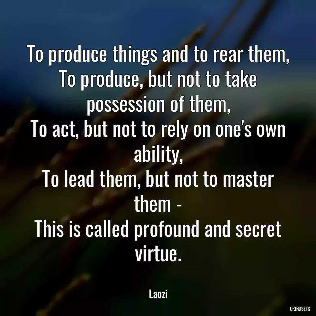 To produce things and to rear them,
To produce, but not to take possession of them,
To act, but not to rely on one\'s own ability,
To lead them, but not to master them -
This is called profound and secret virtue.