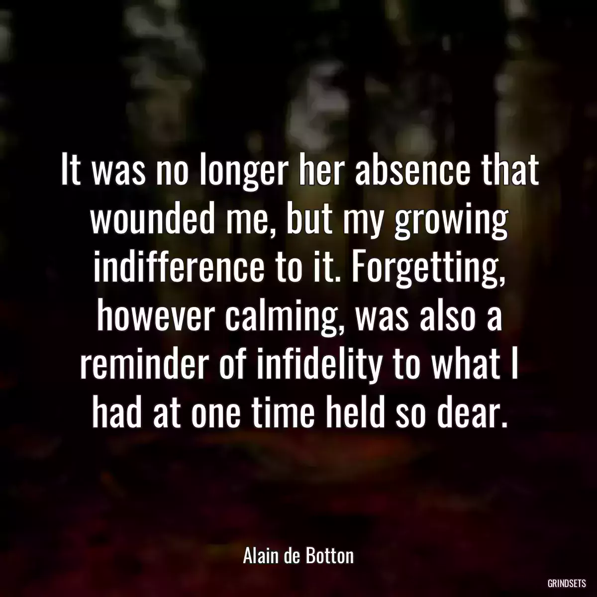 It was no longer her absence that wounded me, but my growing indifference to it. Forgetting, however calming, was also a reminder of infidelity to what I had at one time held so dear.