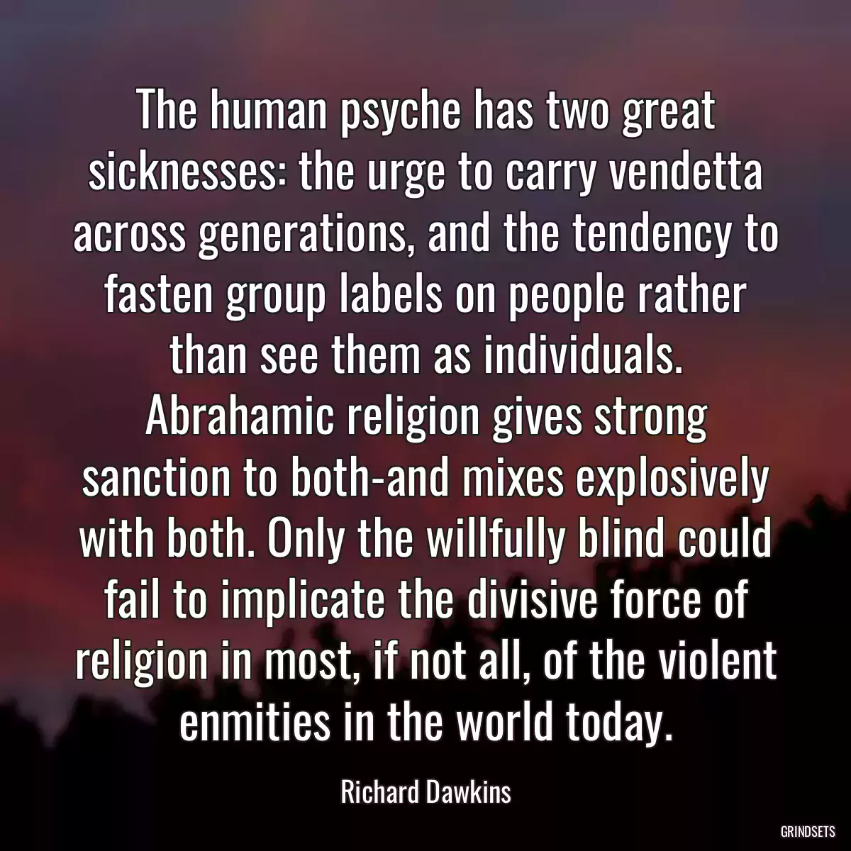 The human psyche has two great sicknesses: the urge to carry vendetta across generations, and the tendency to fasten group labels on people rather than see them as individuals. Abrahamic religion gives strong sanction to both-and mixes explosively with both. Only the willfully blind could fail to implicate the divisive force of religion in most, if not all, of the violent enmities in the world today.