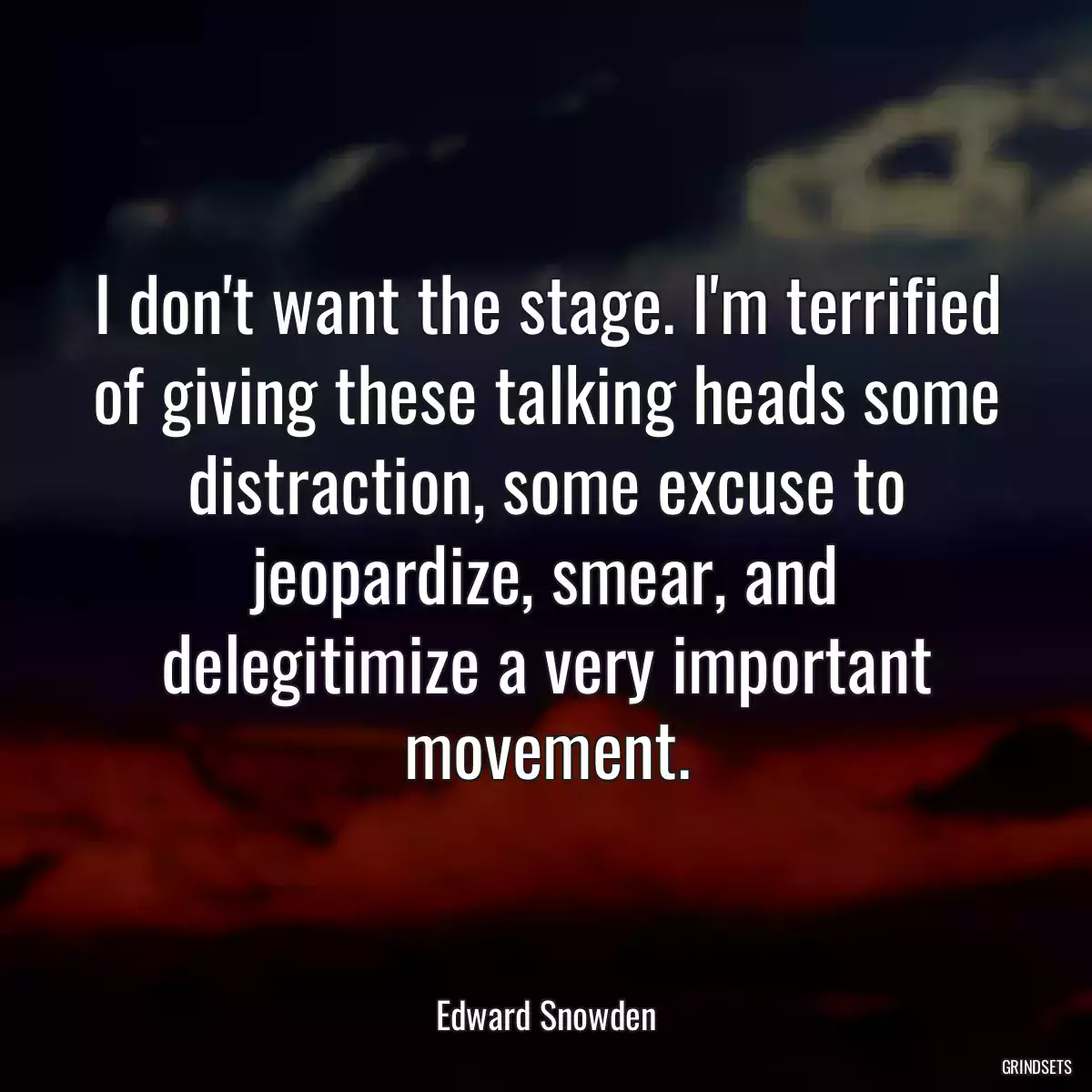 I don\'t want the stage. I\'m terrified of giving these talking heads some distraction, some excuse to jeopardize, smear, and delegitimize a very important movement.