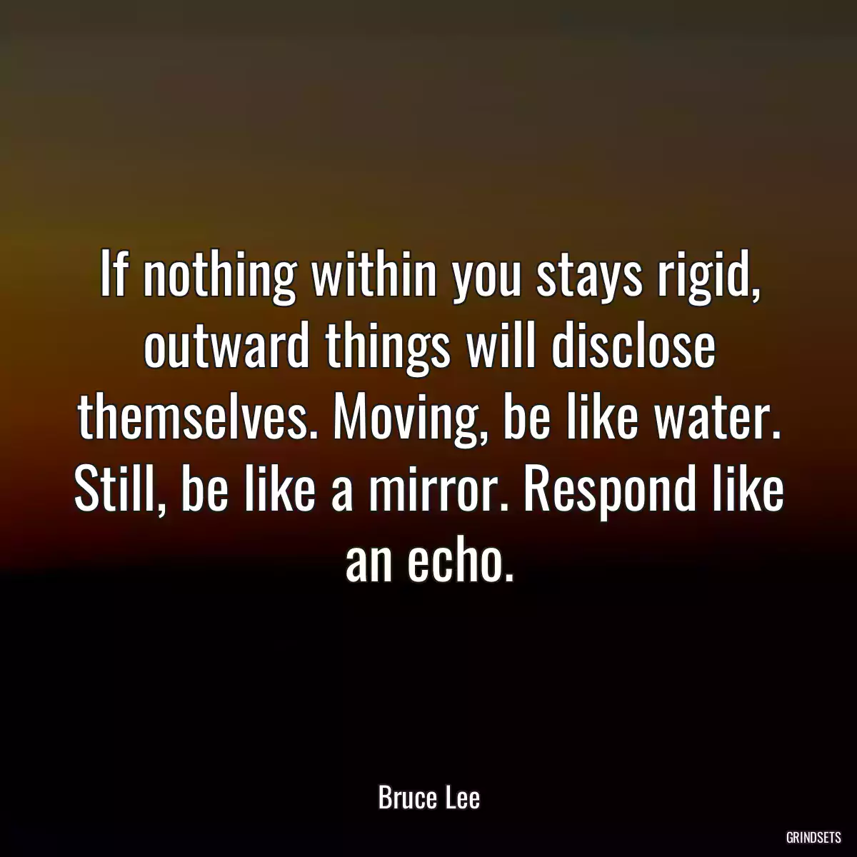 If nothing within you stays rigid, outward things will disclose themselves. Moving, be like water. Still, be like a mirror. Respond like an echo.