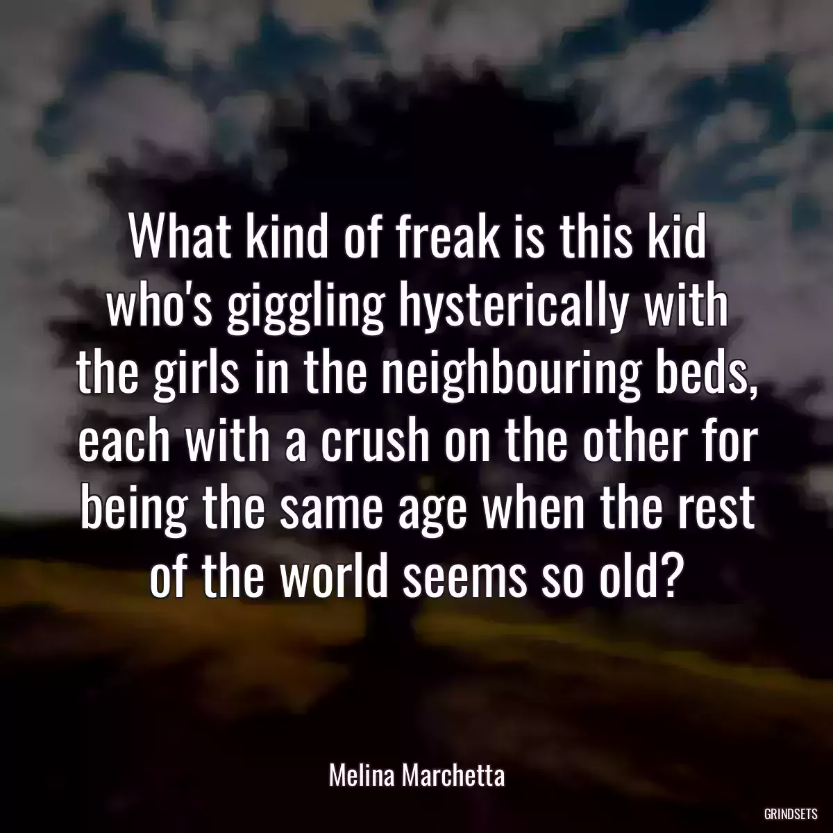 What kind of freak is this kid who\'s giggling hysterically with the girls in the neighbouring beds, each with a crush on the other for being the same age when the rest of the world seems so old?