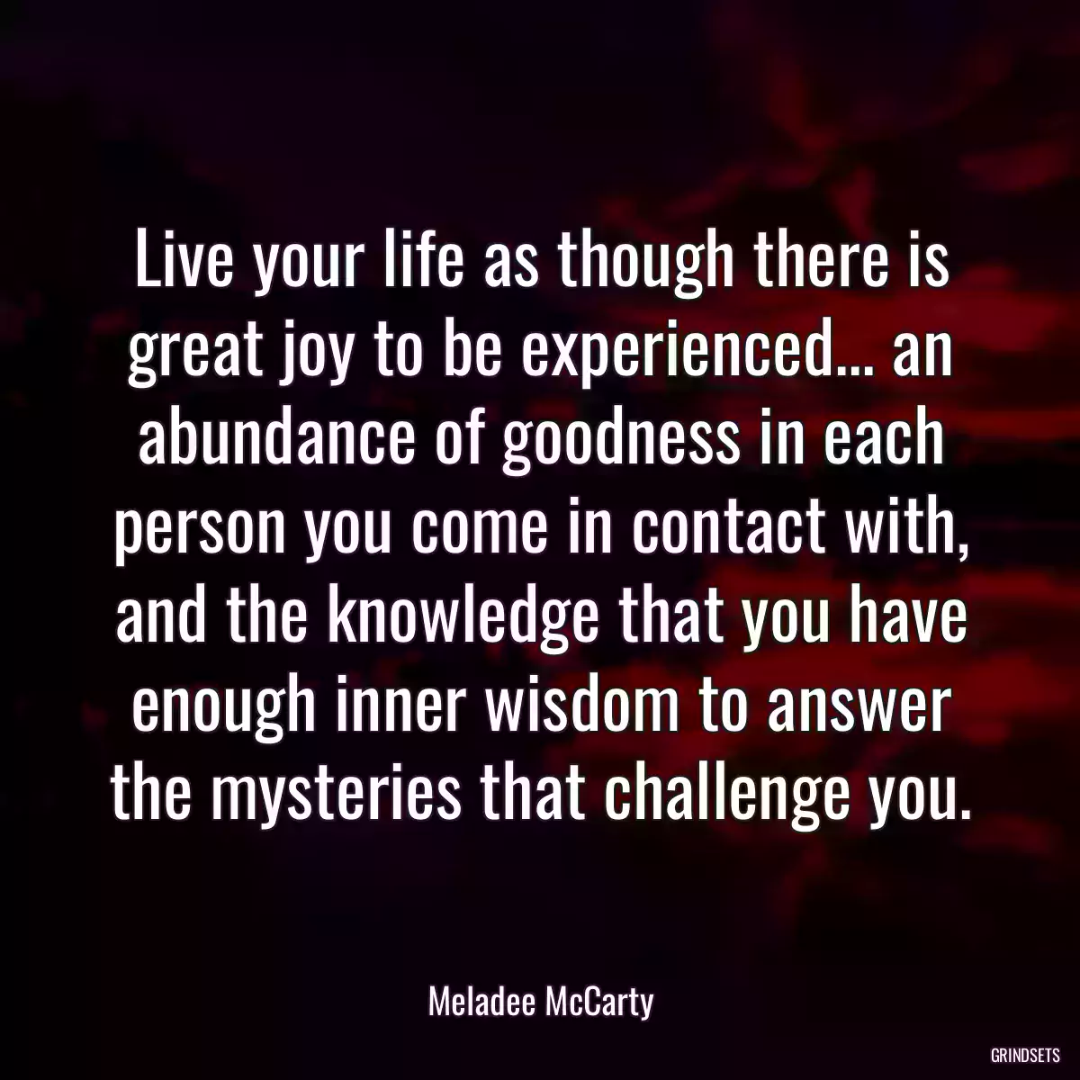 Live your life as though there is great joy to be experienced... an abundance of goodness in each person you come in contact with, and the knowledge that you have enough inner wisdom to answer the mysteries that challenge you.