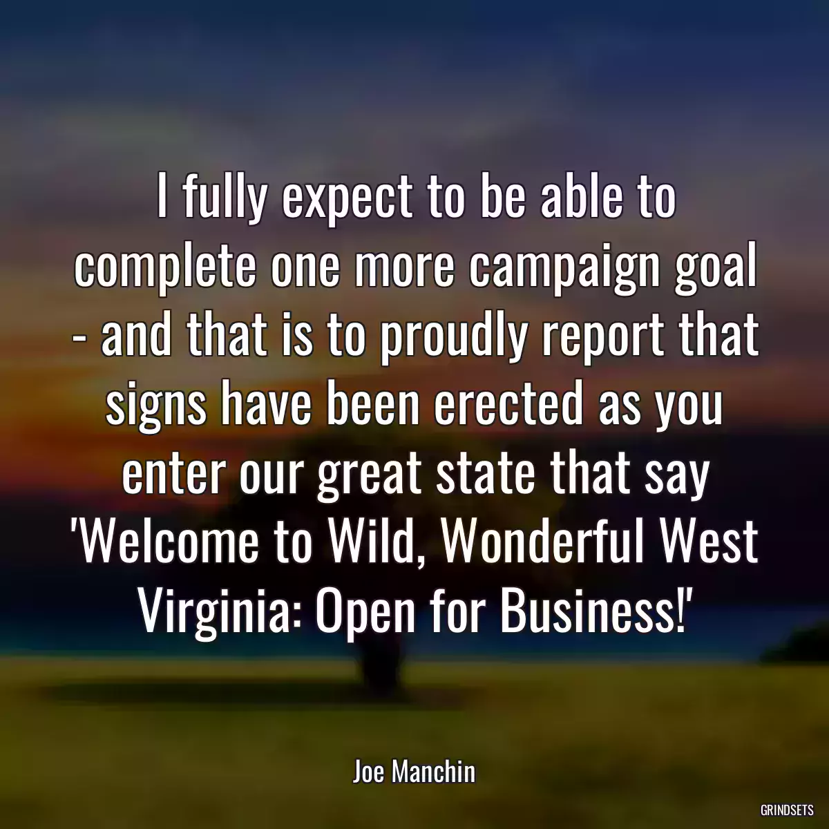 I fully expect to be able to complete one more campaign goal - and that is to proudly report that signs have been erected as you enter our great state that say \'Welcome to Wild, Wonderful West Virginia: Open for Business!\'