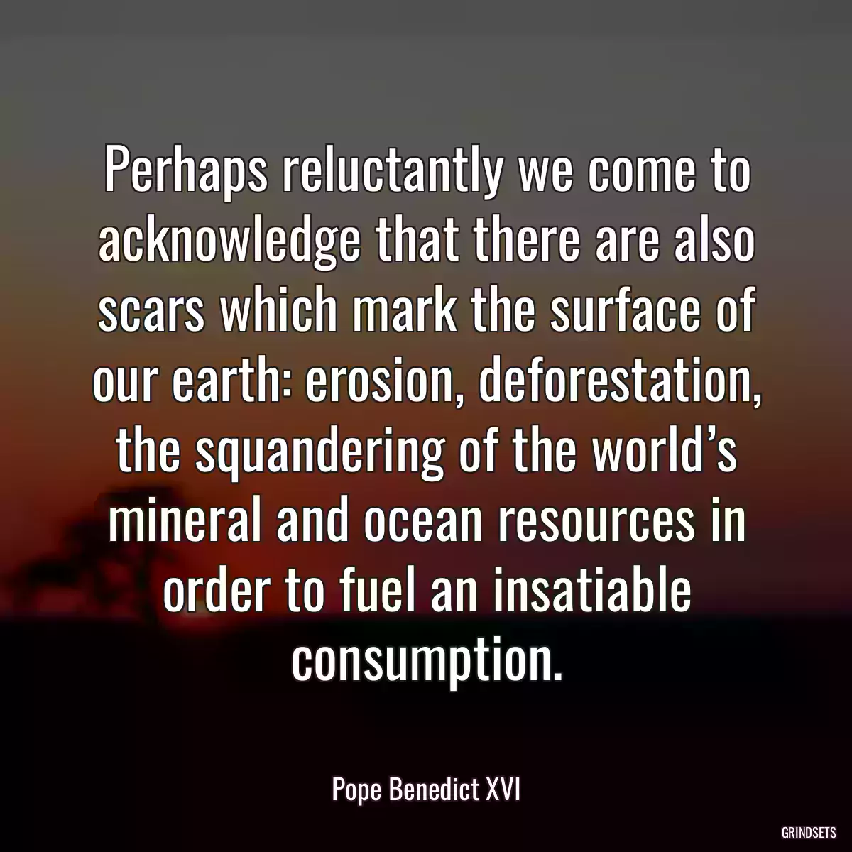 Perhaps reluctantly we come to acknowledge that there are also scars which mark the surface of our earth: erosion, deforestation, the squandering of the world’s mineral and ocean resources in order to fuel an insatiable consumption.