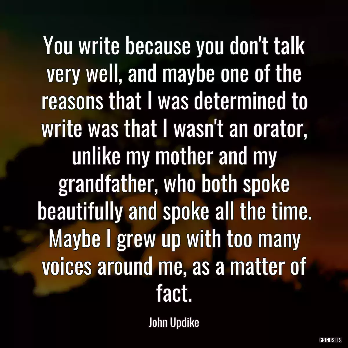 You write because you don\'t talk very well, and maybe one of the reasons that I was determined to write was that I wasn\'t an orator, unlike my mother and my grandfather, who both spoke beautifully and spoke all the time. Maybe I grew up with too many voices around me, as a matter of fact.