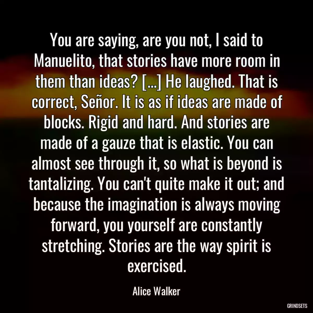 You are saying, are you not, I said to Manuelito, that stories have more room in them than ideas? [...] He laughed. That is correct, Señor. It is as if ideas are made of blocks. Rigid and hard. And stories are made of a gauze that is elastic. You can almost see through it, so what is beyond is tantalizing. You can\'t quite make it out; and because the imagination is always moving forward, you yourself are constantly stretching. Stories are the way spirit is exercised.