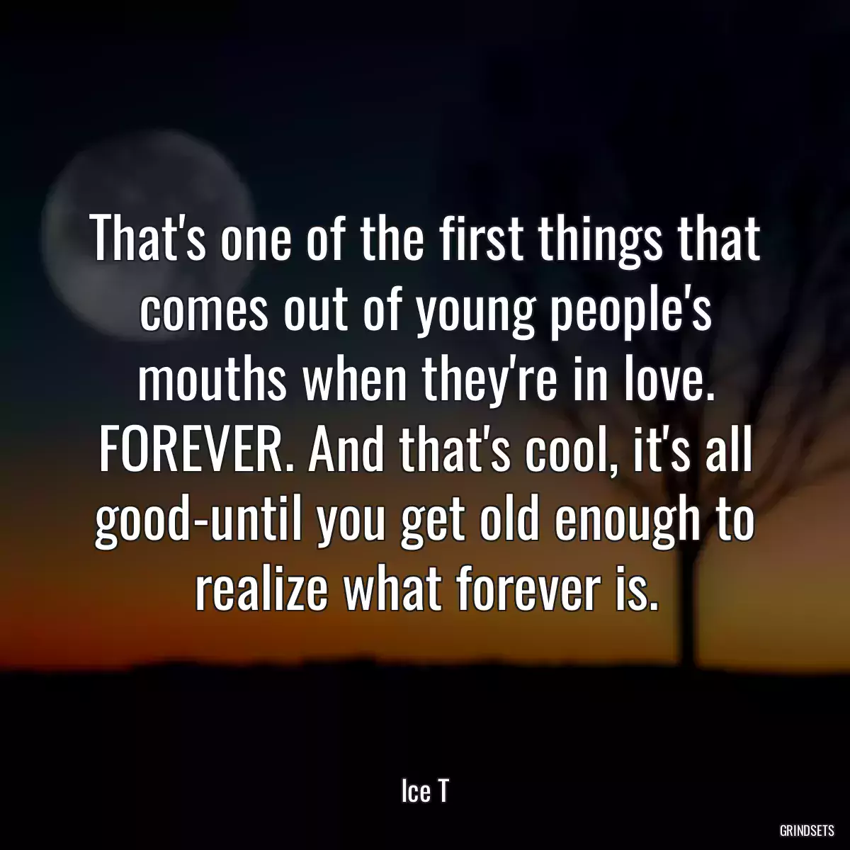 That\'s one of the first things that comes out of young people\'s mouths when they\'re in love. FOREVER. And that\'s cool, it\'s all good-until you get old enough to realize what forever is.