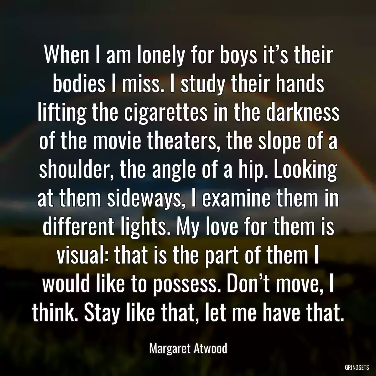 When I am lonely for boys it’s their bodies I miss. I study their hands lifting the cigarettes in the darkness of the movie theaters, the slope of a shoulder, the angle of a hip. Looking at them sideways, I examine them in different lights. My love for them is visual: that is the part of them I would like to possess. Don’t move, I think. Stay like that, let me have that.