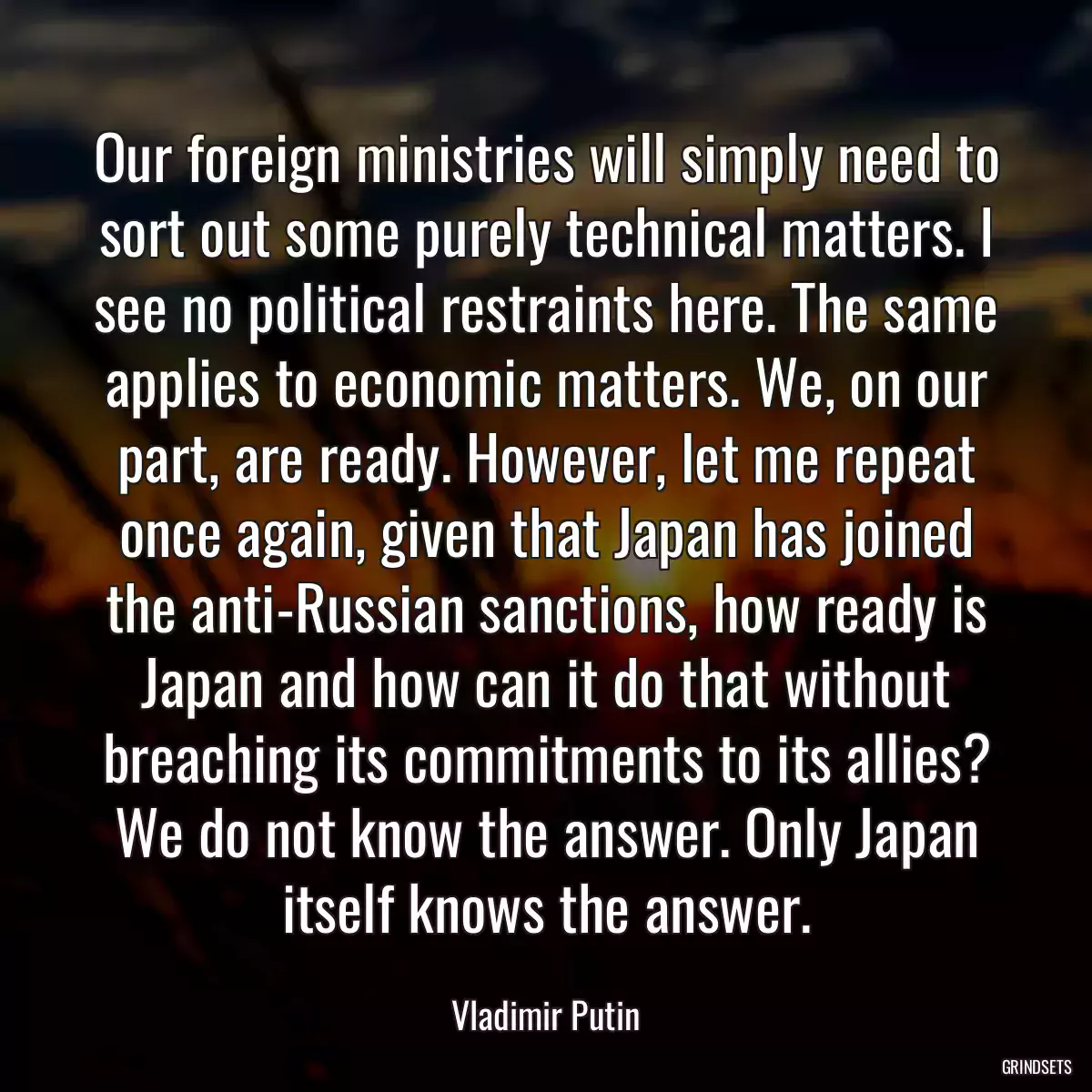 Our foreign ministries will simply need to sort out some purely technical matters. I see no political restraints here. The same applies to economic matters. We, on our part, are ready. However, let me repeat once again, given that Japan has joined the anti-Russian sanctions, how ready is Japan and how can it do that without breaching its commitments to its allies? We do not know the answer. Only Japan itself knows the answer.