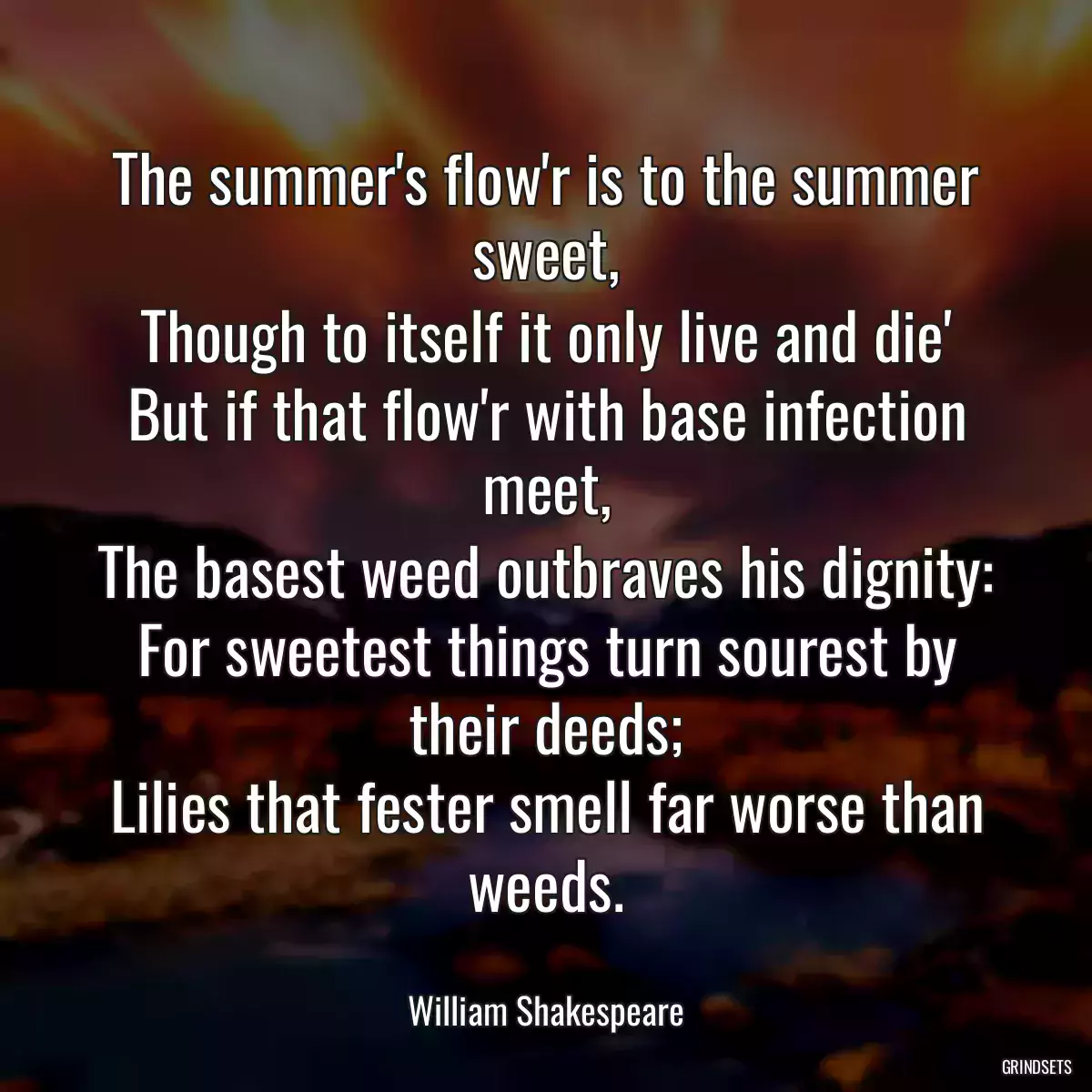 The summer\'s flow\'r is to the summer sweet,
Though to itself it only live and die\'
But if that flow\'r with base infection meet,
The basest weed outbraves his dignity:
For sweetest things turn sourest by their deeds;
Lilies that fester smell far worse than weeds.