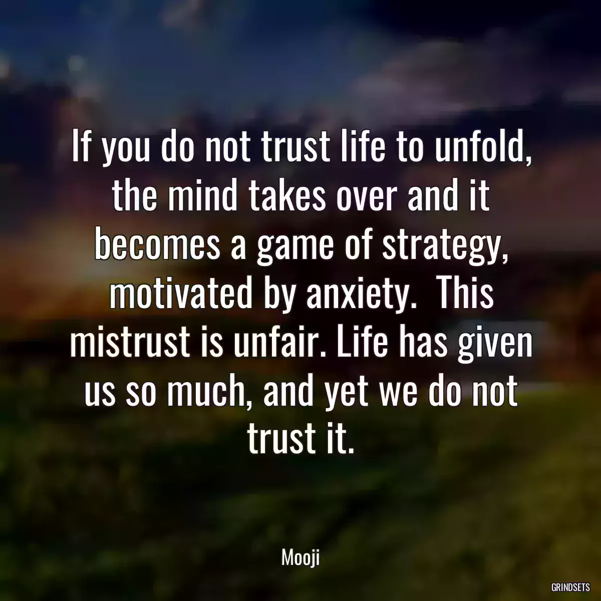 If you do not trust life to unfold, the mind takes over and it becomes a game of strategy, motivated by anxiety.  This mistrust is unfair. Life has given us so much, and yet we do not trust it.