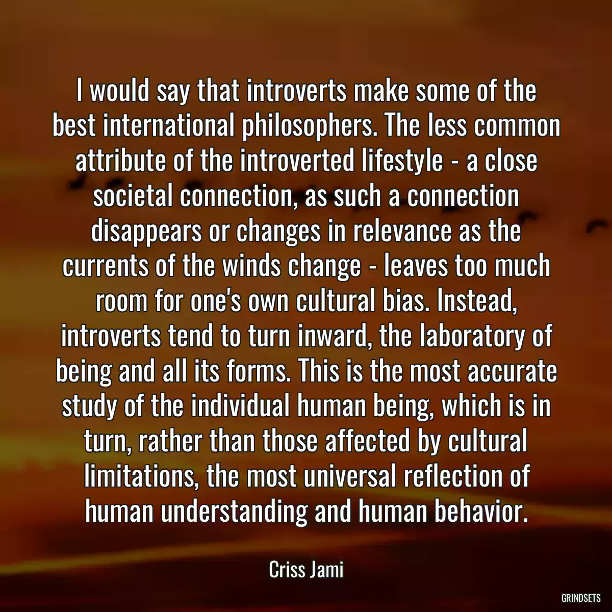 I would say that introverts make some of the best international philosophers. The less common attribute of the introverted lifestyle - a close societal connection, as such a connection disappears or changes in relevance as the currents of the winds change - leaves too much room for one\'s own cultural bias. Instead, introverts tend to turn inward, the laboratory of being and all its forms. This is the most accurate study of the individual human being, which is in turn, rather than those affected by cultural limitations, the most universal reflection of human understanding and human behavior.