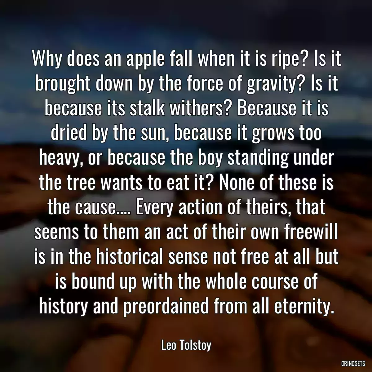 Why does an apple fall when it is ripe? Is it brought down by the force of gravity? Is it because its stalk withers? Because it is dried by the sun, because it grows too heavy, or because the boy standing under the tree wants to eat it? None of these is the cause.... Every action of theirs, that seems to them an act of their own freewill is in the historical sense not free at all but is bound up with the whole course of history and preordained from all eternity.