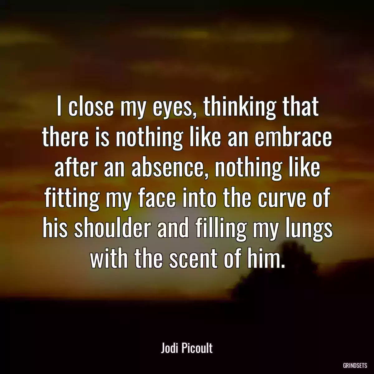 I close my eyes, thinking that there is nothing like an embrace after an absence, nothing like fitting my face into the curve of his shoulder and filling my lungs with the scent of him.