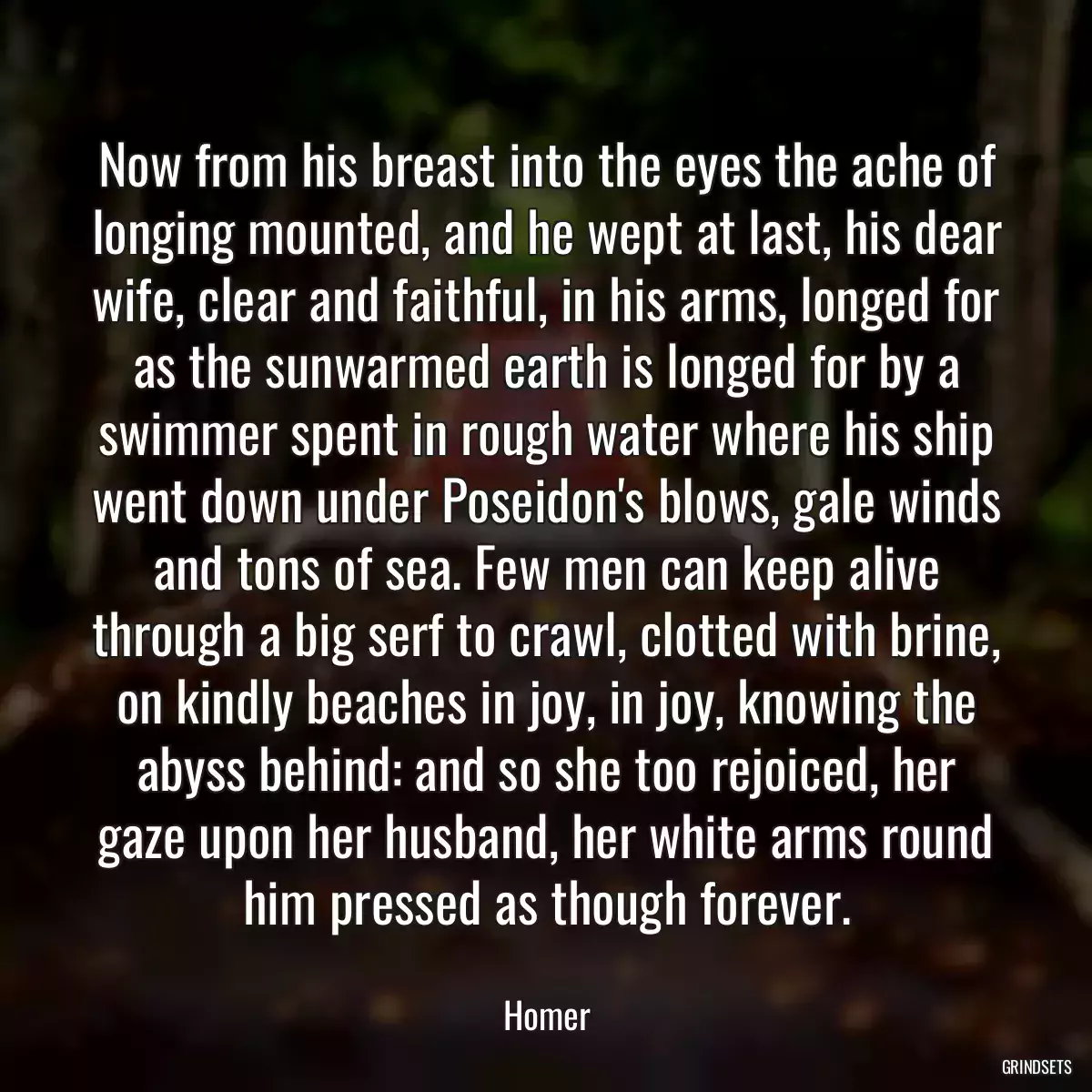 Now from his breast into the eyes the ache of longing mounted, and he wept at last, his dear wife, clear and faithful, in his arms, longed for as the sunwarmed earth is longed for by a swimmer spent in rough water where his ship went down under Poseidon\'s blows, gale winds and tons of sea. Few men can keep alive through a big serf to crawl, clotted with brine, on kindly beaches in joy, in joy, knowing the abyss behind: and so she too rejoiced, her gaze upon her husband, her white arms round him pressed as though forever.