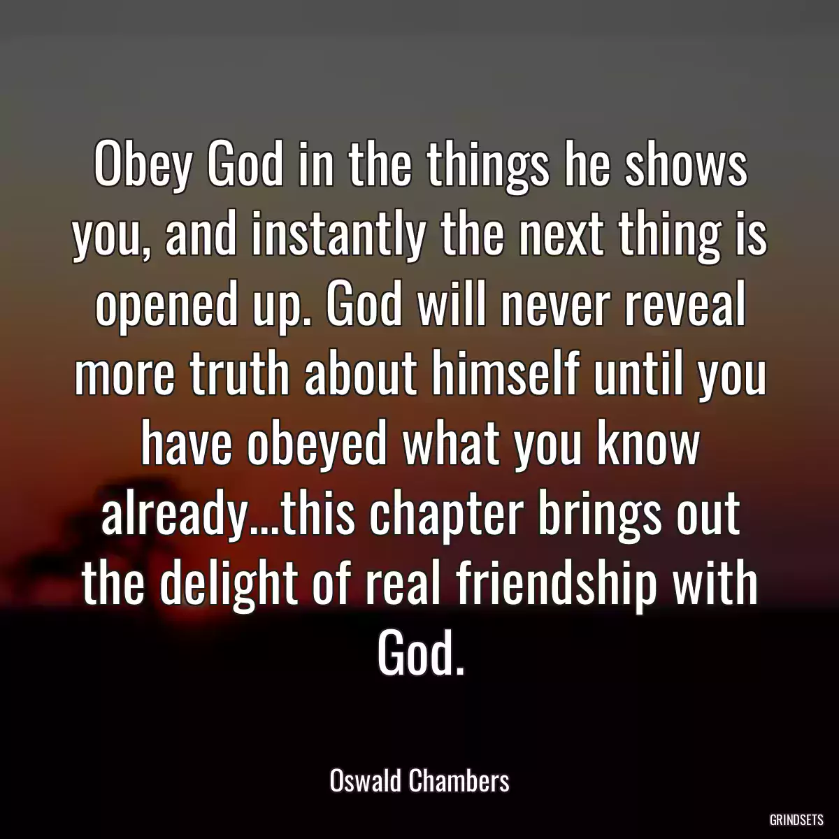 Obey God in the things he shows you, and instantly the next thing is opened up. God will never reveal more truth about himself until you have obeyed what you know already...this chapter brings out the delight of real friendship with God.