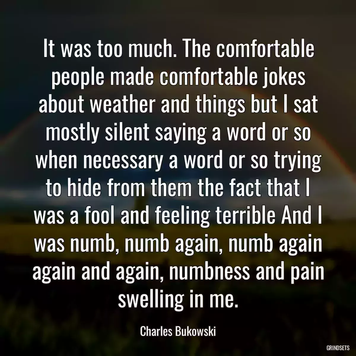 It was too much. The comfortable people made comfortable jokes about weather and things but I sat mostly silent saying a word or so when necessary a word or so trying to hide from them the fact that I was a fool and feeling terrible And I was numb, numb again, numb again again and again, numbness and pain swelling in me.