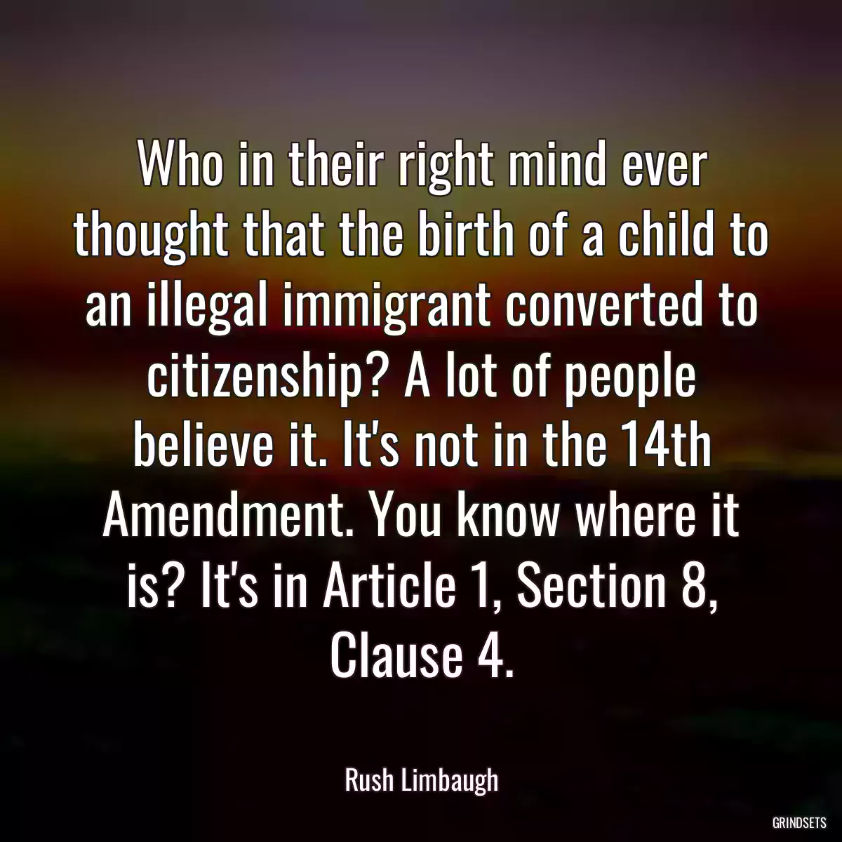 Who in their right mind ever thought that the birth of a child to an illegal immigrant converted to citizenship? A lot of people believe it. It\'s not in the 14th Amendment. You know where it is? It\'s in Article 1, Section 8, Clause 4.