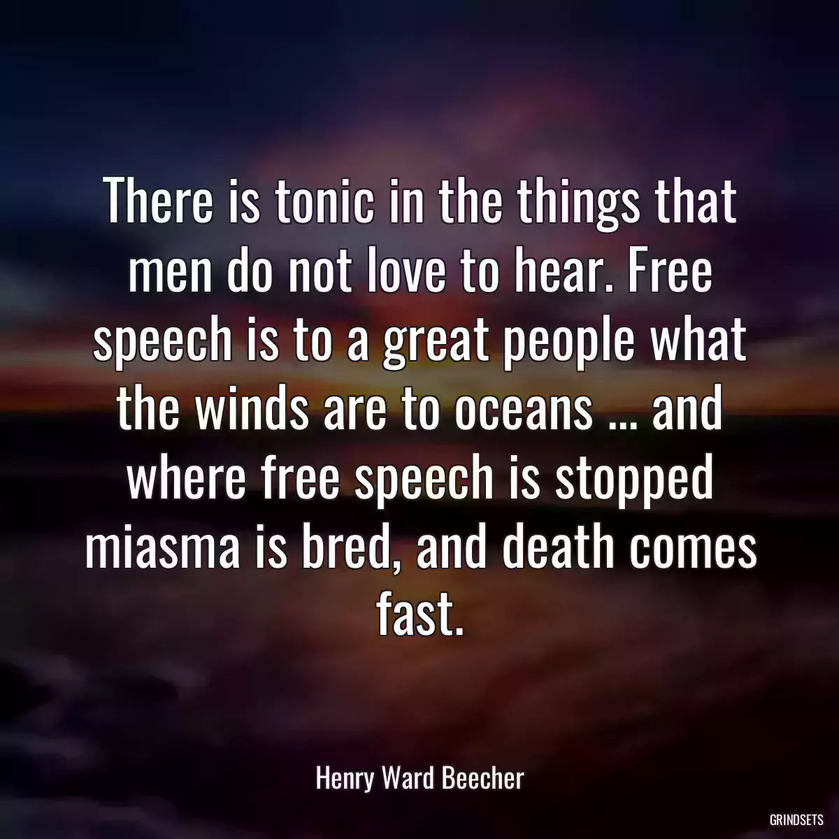 There is tonic in the things that men do not love to hear. Free speech is to a great people what the winds are to oceans ... and where free speech is stopped miasma is bred, and death comes fast.