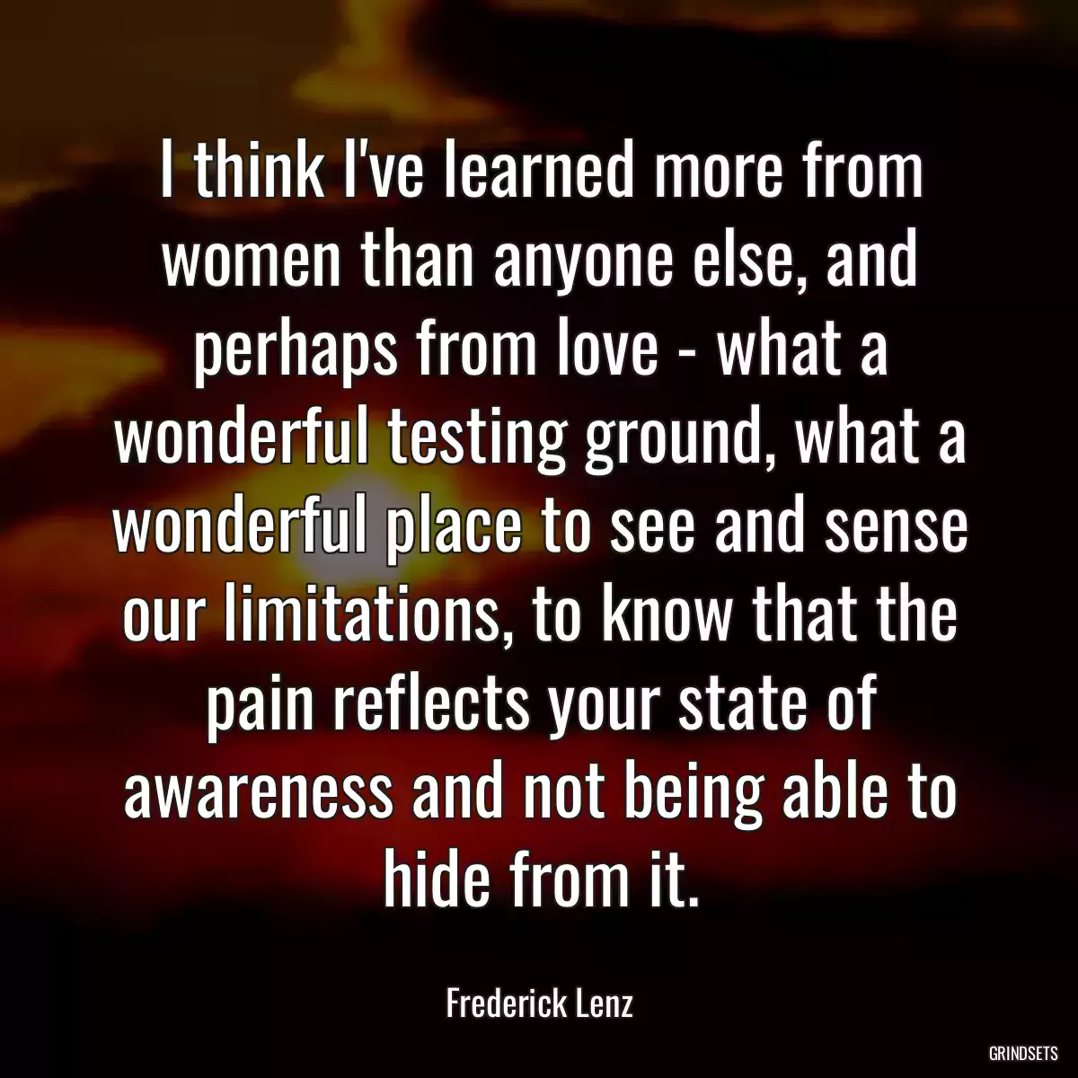 I think I\'ve learned more from women than anyone else, and perhaps from love - what a wonderful testing ground, what a wonderful place to see and sense our limitations, to know that the pain reflects your state of awareness and not being able to hide from it.