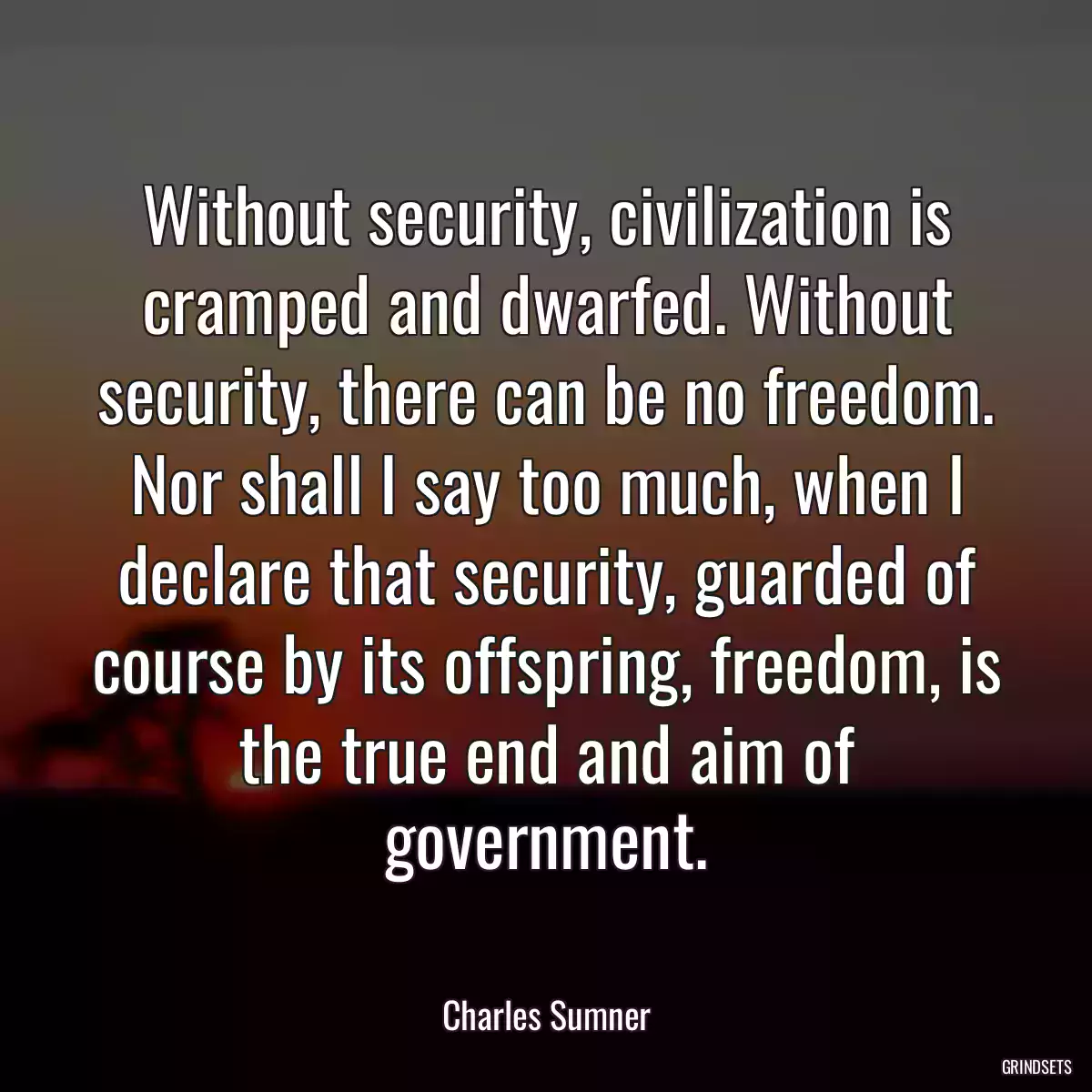 Without security, civilization is cramped and dwarfed. Without security, there can be no freedom. Nor shall I say too much, when I declare that security, guarded of course by its offspring, freedom, is the true end and aim of government.