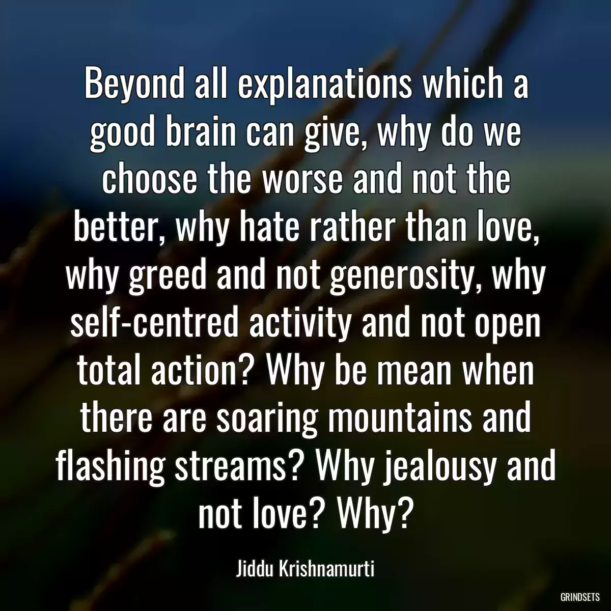 Beyond all explanations which a good brain can give, why do we choose the worse and not the better, why hate rather than love, why greed and not generosity, why self-centred activity and not open total action? Why be mean when there are soaring mountains and flashing streams? Why jealousy and not love? Why?