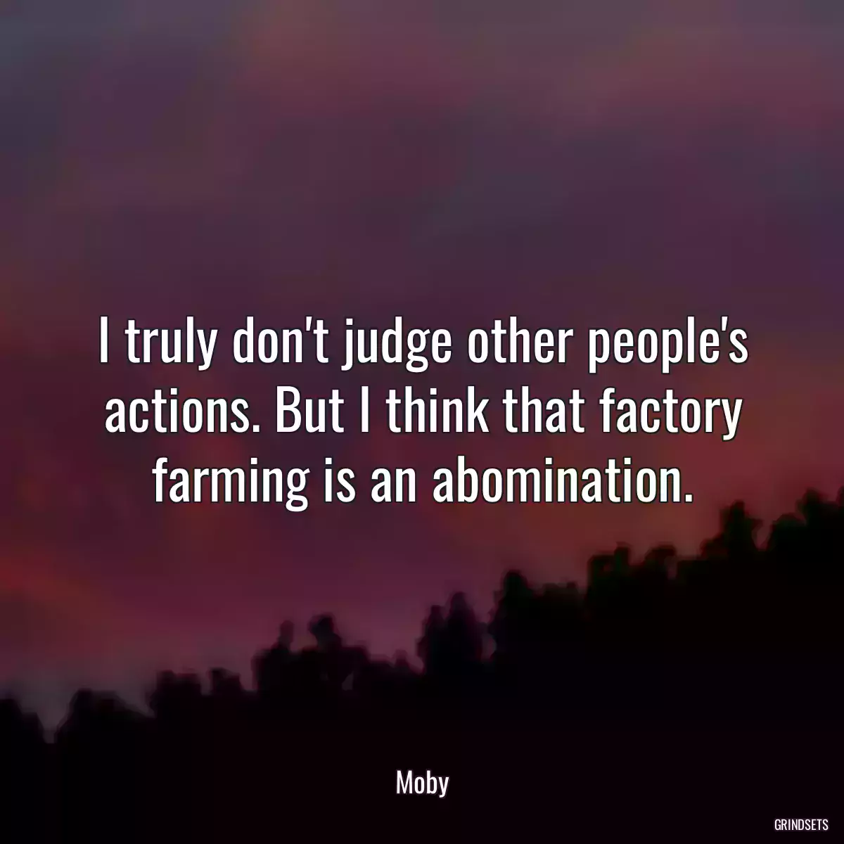 I truly don\'t judge other people\'s actions. But I think that factory farming is an abomination.