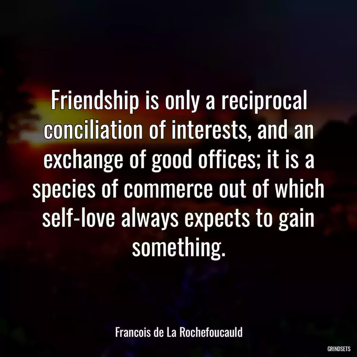 Friendship is only a reciprocal conciliation of interests, and an exchange of good offices; it is a species of commerce out of which self-love always expects to gain something.