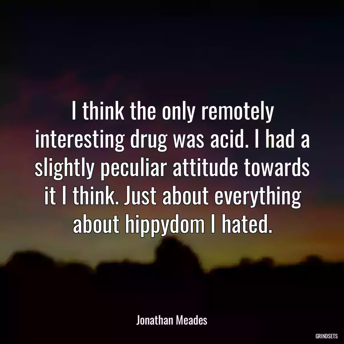 I think the only remotely interesting drug was acid. I had a slightly peculiar attitude towards it I think. Just about everything about hippydom I hated.