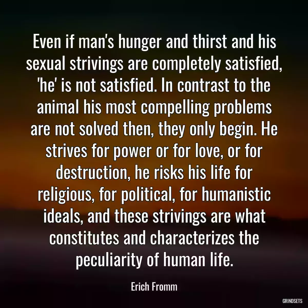 Even if man\'s hunger and thirst and his sexual strivings are completely satisfied, \'he\' is not satisfied. In contrast to the animal his most compelling problems are not solved then, they only begin. He strives for power or for love, or for destruction, he risks his life for religious, for political, for humanistic ideals, and these strivings are what constitutes and characterizes the peculiarity of human life.