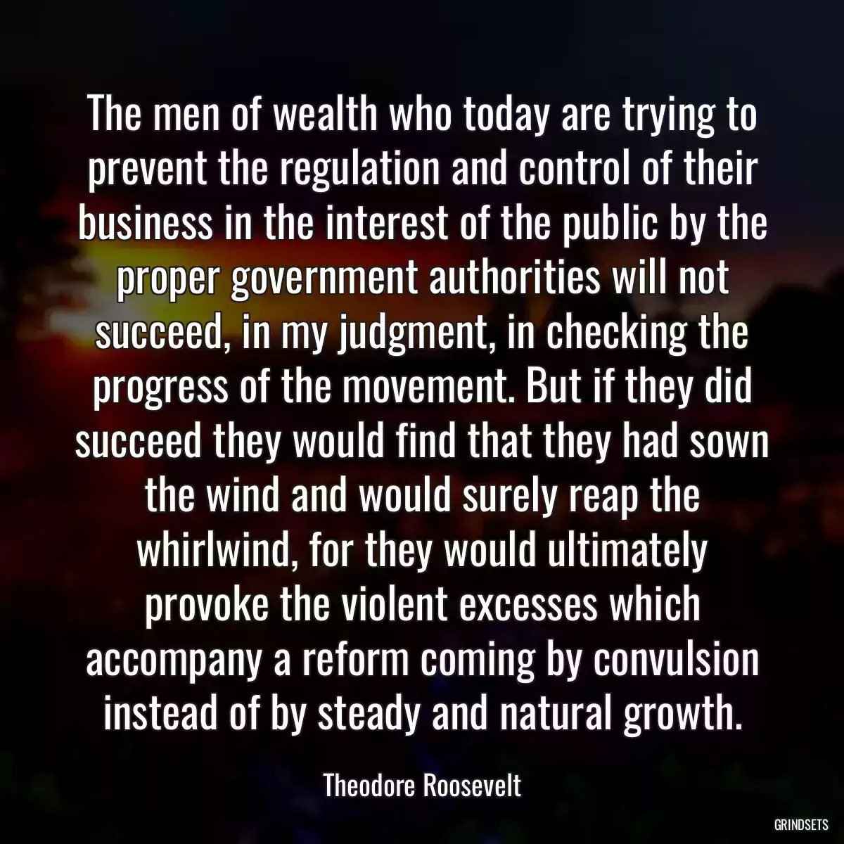 The men of wealth who today are trying to prevent the regulation and control of their business in the interest of the public by the proper government authorities will not succeed, in my judgment, in checking the progress of the movement. But if they did succeed they would find that they had sown the wind and would surely reap the whirlwind, for they would ultimately provoke the violent excesses which accompany a reform coming by convulsion instead of by steady and natural growth.