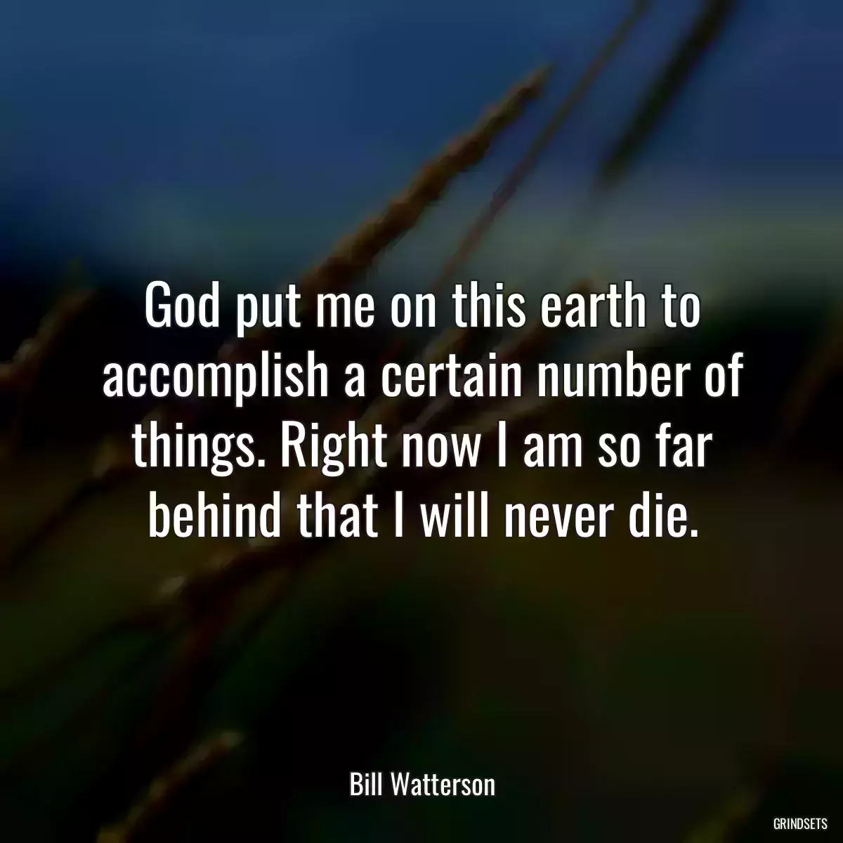 God put me on this earth to accomplish a certain number of things. Right now I am so far behind that I will never die.