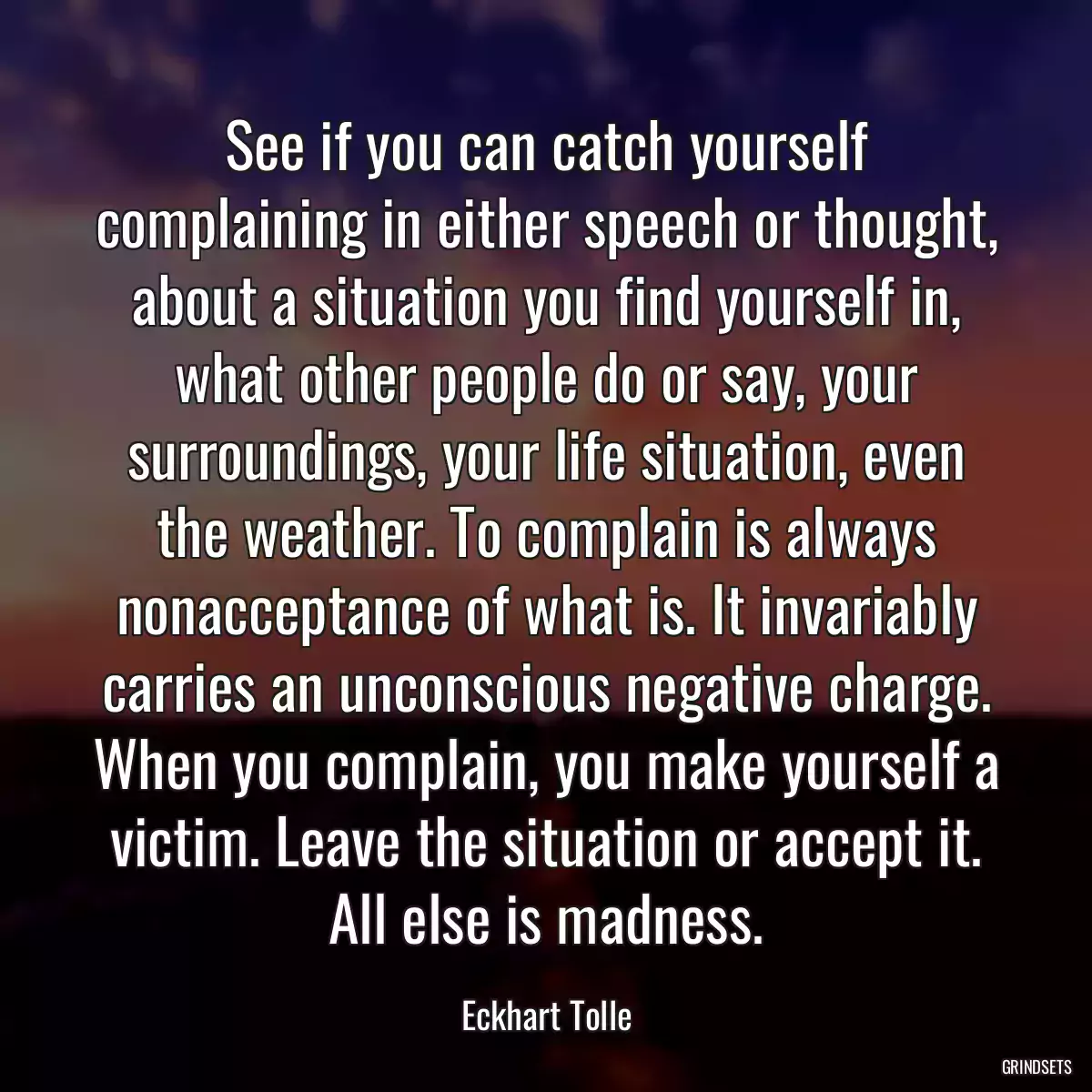 See if you can catch yourself complaining in either speech or thought, about a situation you find yourself in, what other people do or say, your surroundings, your life situation, even the weather. To complain is always nonacceptance of what is. It invariably carries an unconscious negative charge. When you complain, you make yourself a victim. Leave the situation or accept it. All else is madness.