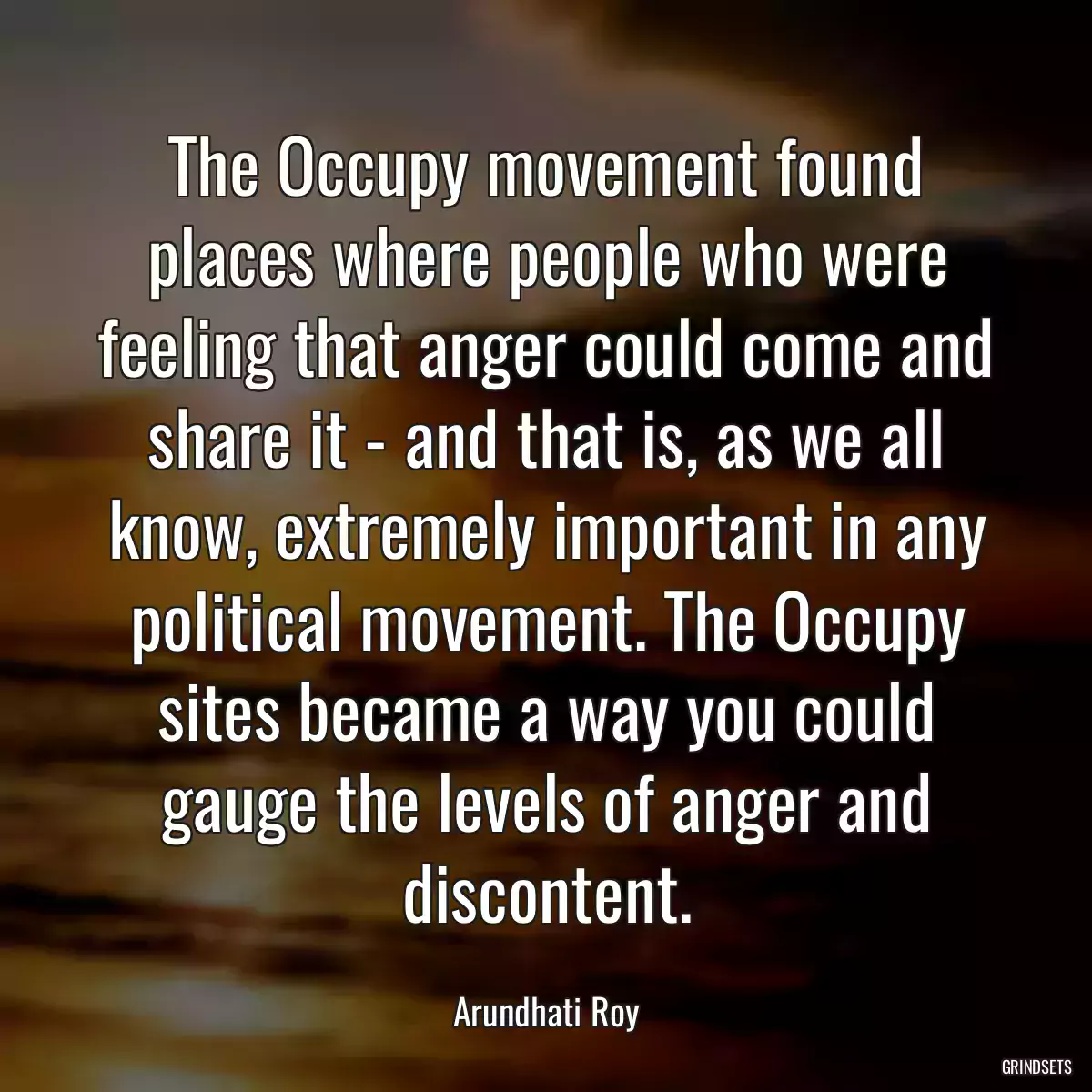 The Occupy movement found places where people who were feeling that anger could come and share it - and that is, as we all know, extremely important in any political movement. The Occupy sites became a way you could gauge the levels of anger and discontent.