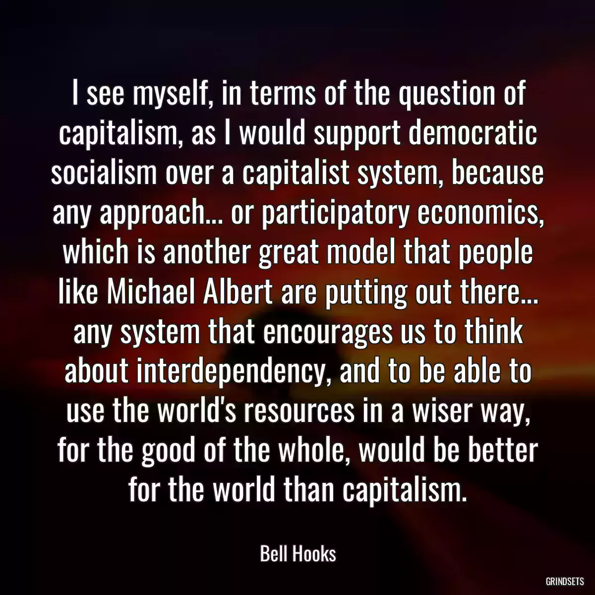 I see myself, in terms of the question of capitalism, as I would support democratic socialism over a capitalist system, because any approach... or participatory economics, which is another great model that people like Michael Albert are putting out there... any system that encourages us to think about interdependency, and to be able to use the world\'s resources in a wiser way, for the good of the whole, would be better for the world than capitalism.