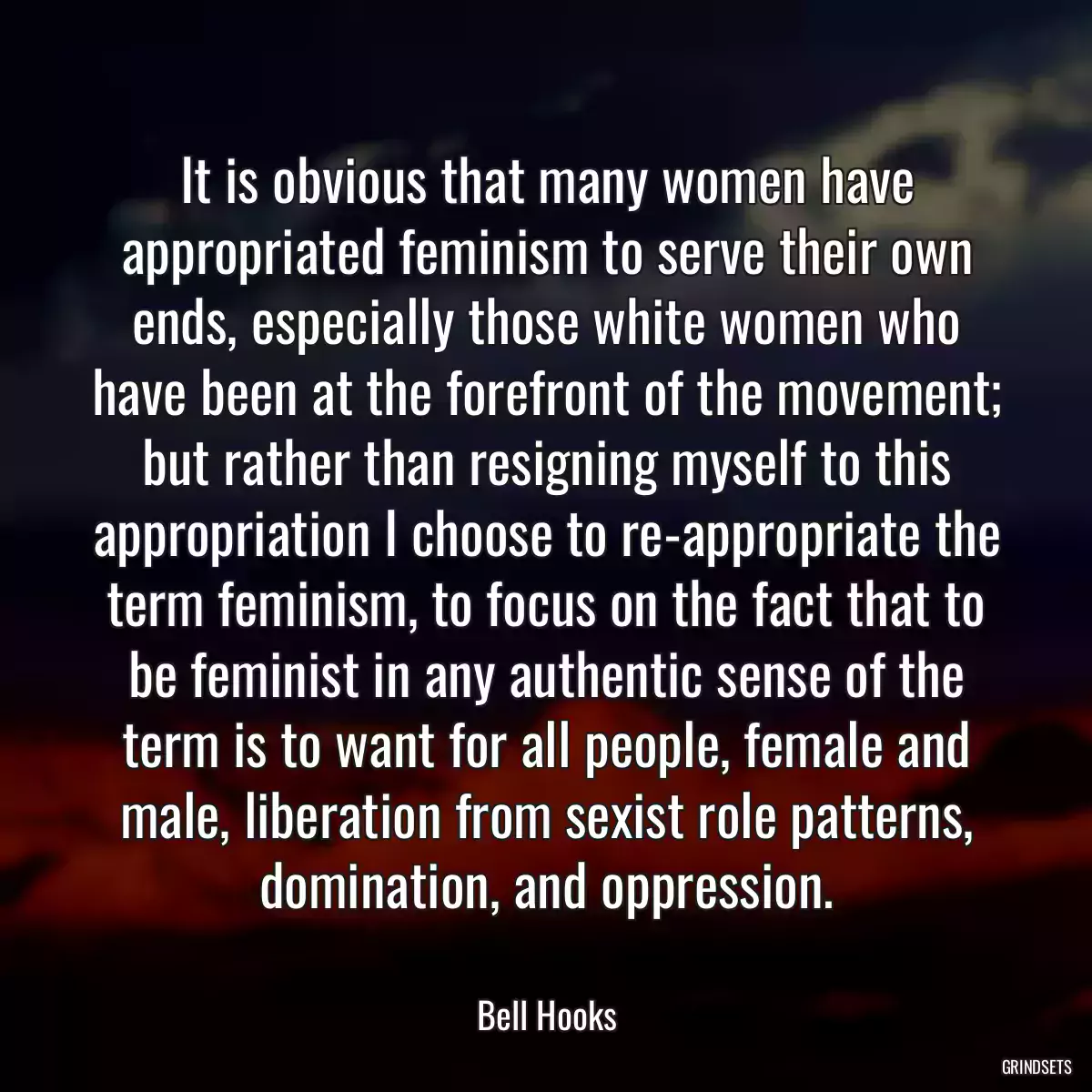 It is obvious that many women have appropriated feminism to serve their own ends, especially those white women who have been at the forefront of the movement; but rather than resigning myself to this appropriation I choose to re-appropriate the term feminism, to focus on the fact that to be feminist in any authentic sense of the term is to want for all people, female and male, liberation from sexist role patterns, domination, and oppression.