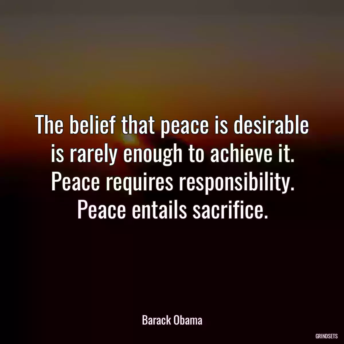The belief that peace is desirable is rarely enough to achieve it. Peace requires responsibility. Peace entails sacrifice.