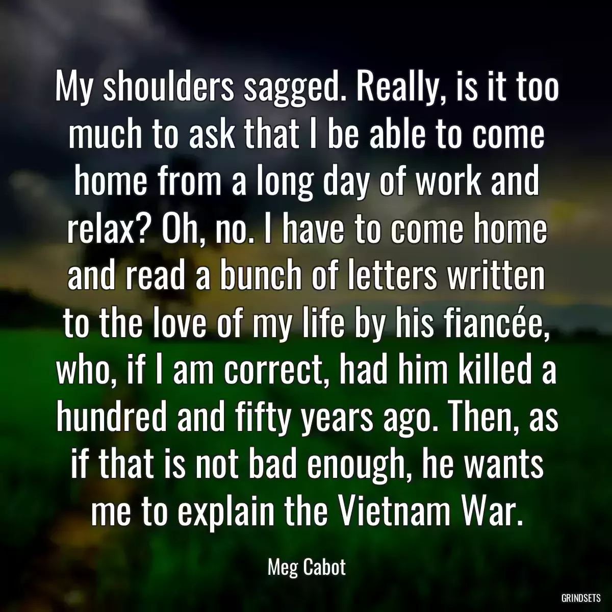 My shoulders sagged. Really, is it too much to ask that I be able to come home from a long day of work and relax? Oh, no. I have to come home and read a bunch of letters written to the love of my life by his fiancée, who, if I am correct, had him killed a hundred and fifty years ago. Then, as if that is not bad enough, he wants me to explain the Vietnam War.